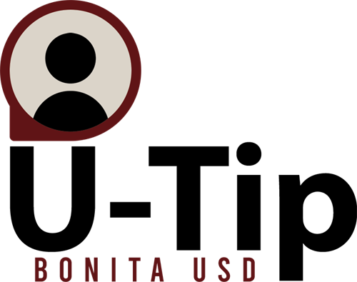 A cicle with a silihouette of a head and body as a pin drop just above a black text of U-Tip title with little text just below in black as Bonita USD